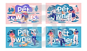 A set of illustrations on the topic of resting and walking with pets. Owners playing with animals
