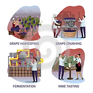 Set of illustrations on the topic of wine production. Stages of industrial winemaking. Stages of industrial winemaking