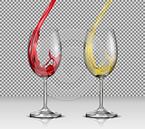 Set of illustrations of transparent glass wine glasses with white and red wine pouring in them