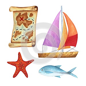 Set of illustrations - treasure map, sailboat, fish and starfish. Drawn in watercolor