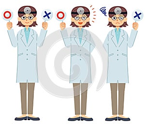 A set of illustrations in which a middle-aged female doctor wearing a white coat and wearing a forehead mirror answers the questi