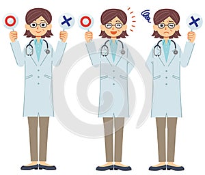 A set of illustrations in which a middle-aged female doctor wearing a white coat and wearing a stethoscope answers the questions