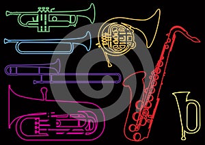 A set of illustrations of wind musical instruments