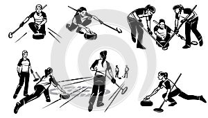 Set of illustrations of women`s Curling. Hand drawn illustration