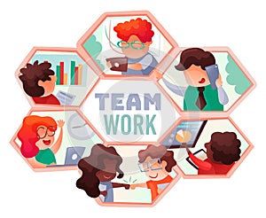 Set of illustrations with working businesspeople, teamwork process, startup team