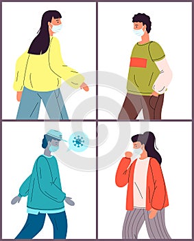 Set of illustrations with young healthy people, carrier virus in medical masks, viral pandemic