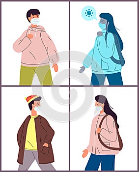 Set of illustrations with young healthy people, carrier virus in medical masks, viral pandemic