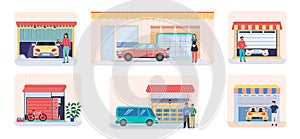 Set of illustratios wirh people standing near garage. Vehicle storage space with automatic doors
