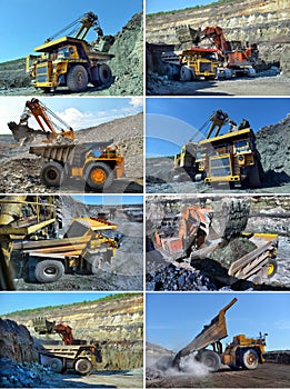 Set image Large quarry dump truck. Loading the rock in the dumper. Loading coal into body work truck