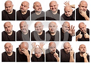 Set of images of a bald man with different emotions