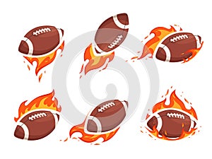 A set of images of balls for American football and rugby on fire. The concept of hot confrontation and burning throws