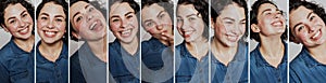 Set of images of a beautiful laughing girl with curly hair. Carefree youth and happiness. Close-up. Vertical. Panorama format