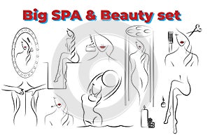 Set of images of beauty self-care procedures for women and spa: hairdressing, cosmetology, massage, solarium. Editable vector