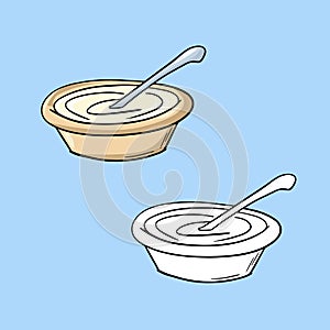 Set of images, beige ceramic deep plate with porridge, thick sour cream, with a spoon, vector cartoon