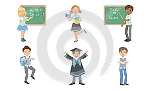 Set of images of boys and girls at school. Vector illustration.