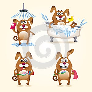 A set of images of cartoon dogs, who bathe and brush their teeth