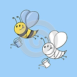 A set of images, A cute bee with a small watering can, a bee watering plants, vector cartoon