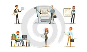 Set of images of an engineer at work. Vector illustration.