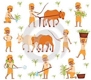 Set of images of a farmer in traditional Indian clothing. Vector illustration.