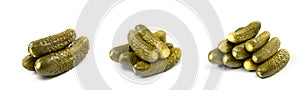 . A set of images of fresh pickled cucumbers isolated on a white background. Full depth of field