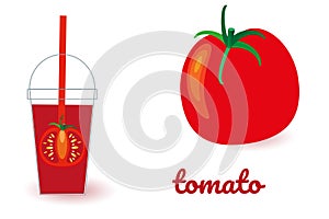 Set of images of glass with tomato juice and whole tomato. Illustration in bright colors on white background. Vector illustration