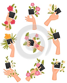 Set of images of hands with flowers and photographs. Vector illustration on white background.