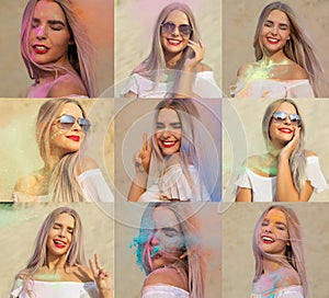 Set of images with joyful blonde model posing with exploding colorful Holi paint at the desert photo