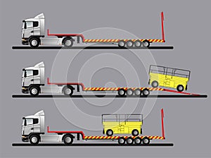 A set of images of loading special equipment on a low loader semi-trailer. Flat style line art illustration