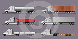 A set of images of a modern American truck with different variants of semi-trailers. Flat style line art illustration