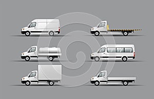 A set of images of a modern light duty truck with different body options. Artistic illustration in flat style