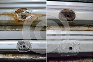 Set of images with part being repaired of damaged car body photo