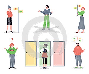 Set of images of people choosing wrong, right directions in flat cartoon style