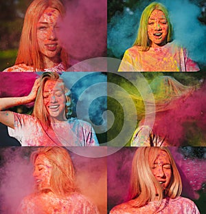 Set of images with pleased blonde model posing with exploding colorful Holi paint photo