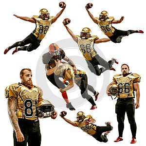 Set of images of professional american football players with ball in motion, action isolated on white studio background.