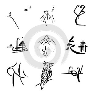 A set of images in the style of hieroglyphs on different topics