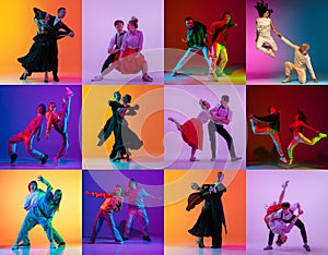 Set with images of stylish men and women dancing in bright clothes on colorful background at dance hall in neon light