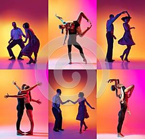 Set with images of stylish men and women dancing in bright clothes on colorful background at dance hall in neon light