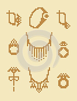 A set of images on the theme of jewelry. Jewelry in the style of 8-bit.