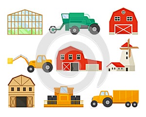 Set of images of transport and buildings for agriculture. Vector illustration on white background.