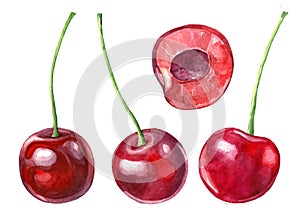 Set of images of watercolor cherry fruits