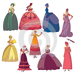 Set of images of women in old-fashioned dresses. Vector illustration on white background.