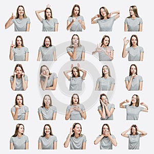 Set of images of a young girl with different emotions. On white background. Square. Collage