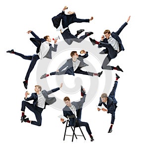 Set of images of young man, male office worker wearing black suit jumping, dancing and meditates with folders, coffee