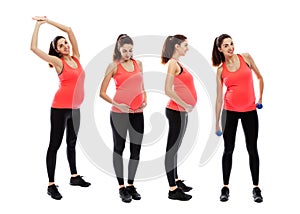 A set of images of a young pregnant woman in sports uniform. Full height. Active lifestyle and health care. Collage. Isolated on