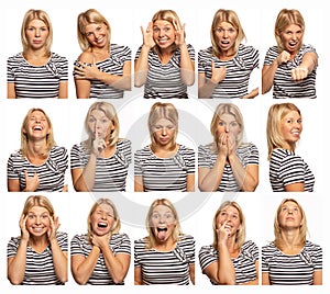 Set of images of a young woman with different emotions, white background, close-up