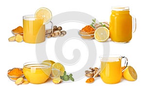 Set of immunity boosting drink with lemon, ginger and turmeric on white background