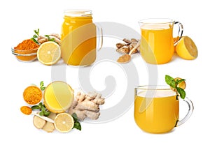 Set of immunity boosting drink with lemon, ginger and turmeric on white background