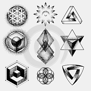 Set of impossible and other tattoo shapes, dotwork, blackwork all made of dots. Geometrical, sacred figures stars and