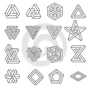 Set of impossible shapes. Optical Illusion. Vector Illustration isolated on white. Sacred geometry. Black lines on a