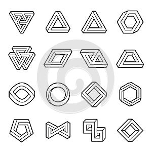 Set of impossible shapes. Web design elements. Optical Illusion. Line design